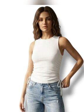 Forever 21 White Lace Up Ruched Tank Top Women’s Medium Stretch Sleeveless